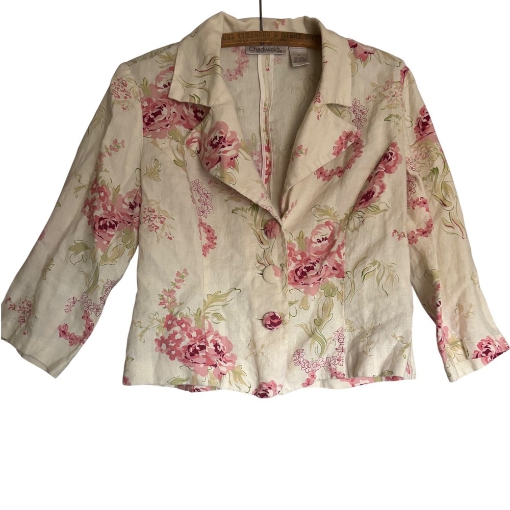 Chadwicks Womens 8 Pink Floral 100% Linen Blazer Jacket Size 3/4 Sleeve‎ Cottage